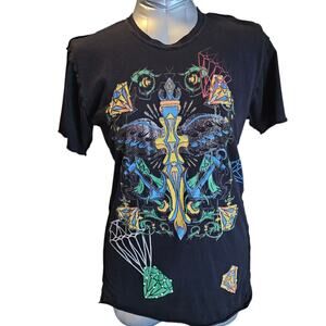 Stylish black t-shirt with a bright graphic print SIZE S